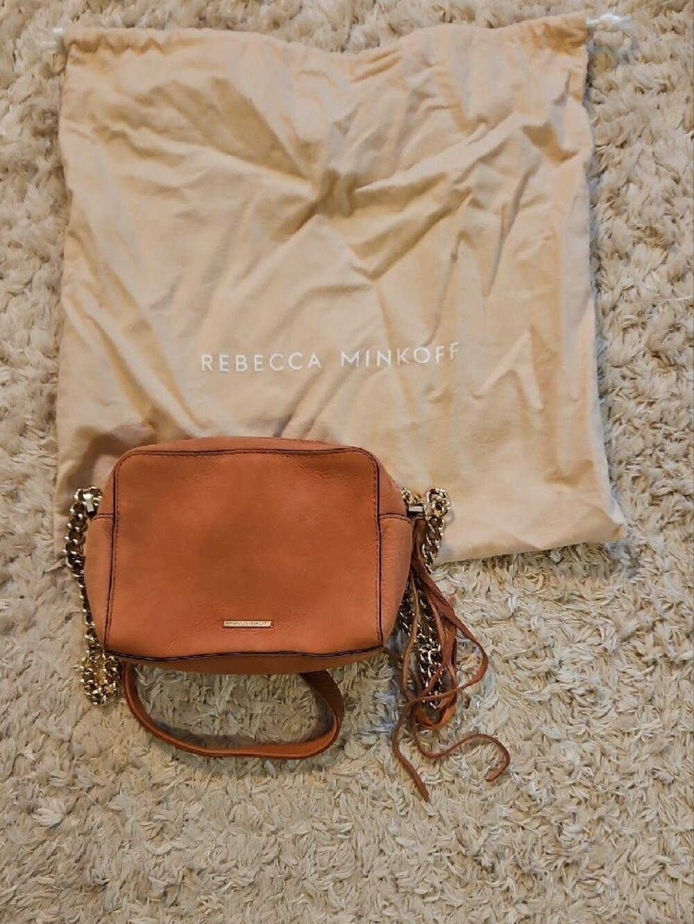Rebecca Minkoff Tan Leather Crossbody with Gold Chain Strap